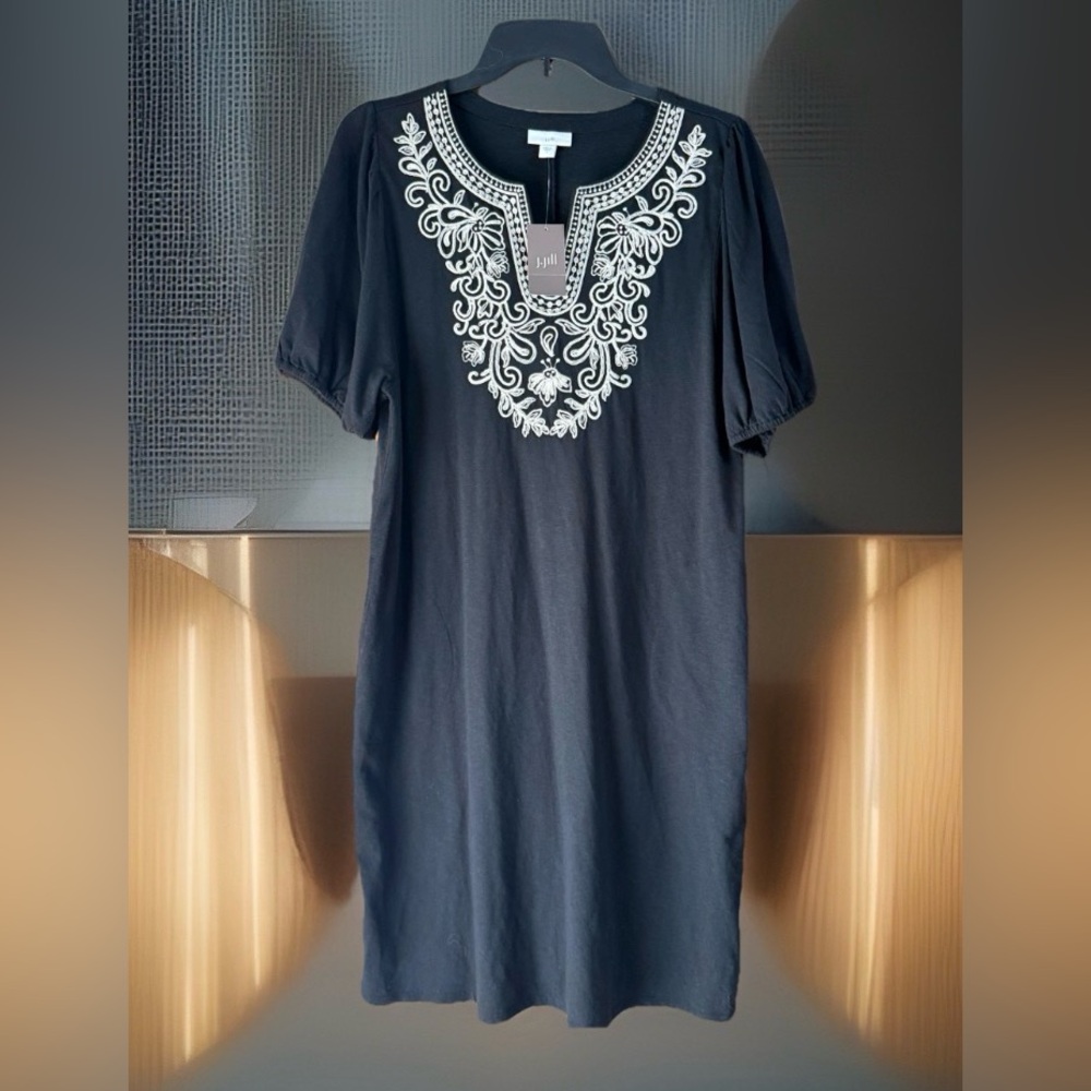 NWT J. Jill Women’s Embroidered, Split Neck, Puff Sleeve w/Pockets Shift Dress-S